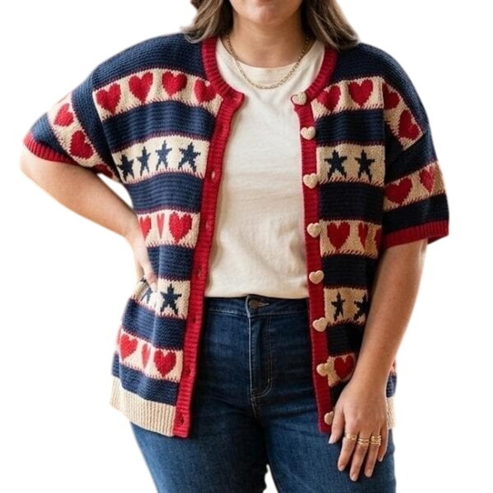 2X Vtg Marisa Christina Americana Nautical Stars Hearts Cardigan Sweater Women